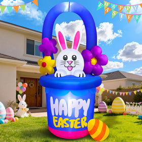 Danxilu Easter inflatable bunny peeks from a flower basket with bright LEDs for evening visibility.