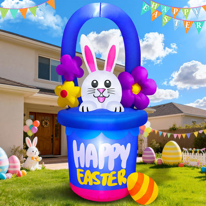 Danxilu Easter inflatable bunny peeks from a flower basket with bright LEDs for evening visibility.