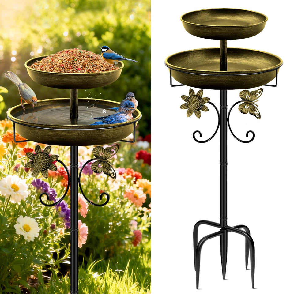 Daoeny bird bath with double bowls for water and food, inviting backyard birds.
