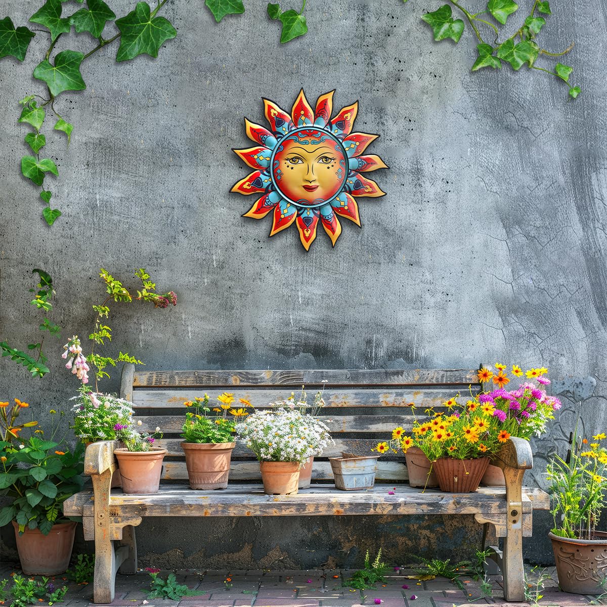 Daogtc Sun-I wall art; hanging hook back for easy mounting on walls or fences.