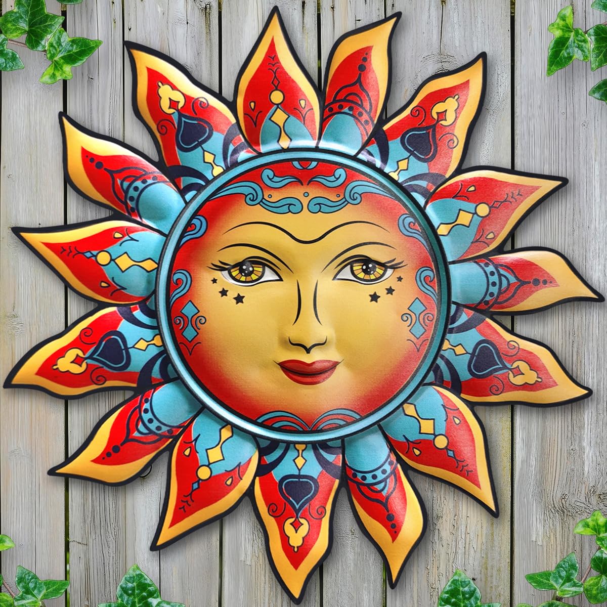 Daogtc Sun-I wall art: sun-face with flaming petals enhances warm living room ambiance.