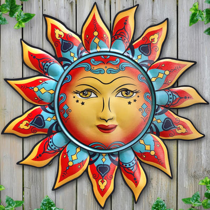 Daogtc Sun-I wall art: sun-face with flaming petals enhances warm living room ambiance.
