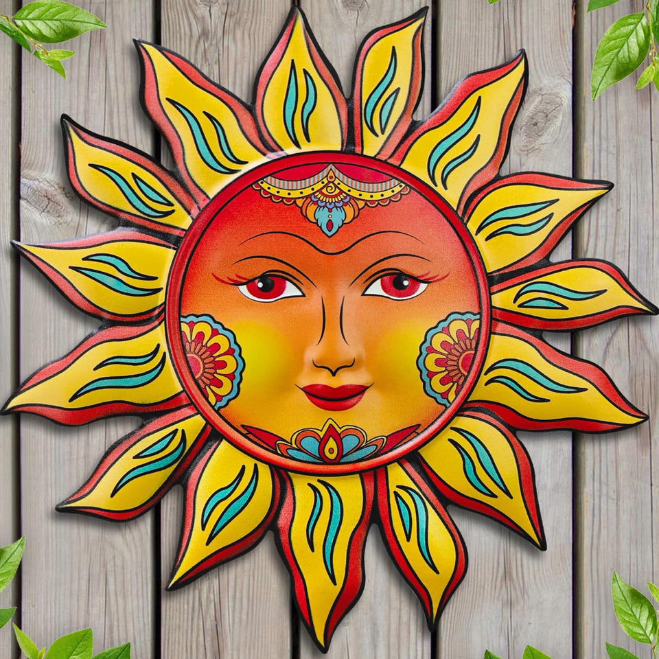 Daogtc sun wall decor front view with a warm sun centerpiece for outdoors.