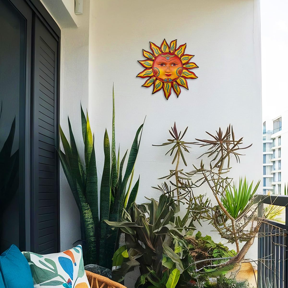 Daogtc sun wall hanging on a door adds sunlit charm.