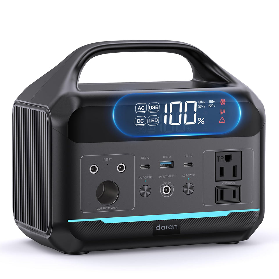 DARAN portable power station front view powering devices on outdoor trips.