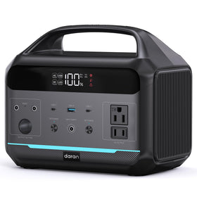 DARAN portable power station front view powering multiple devices at a campsite