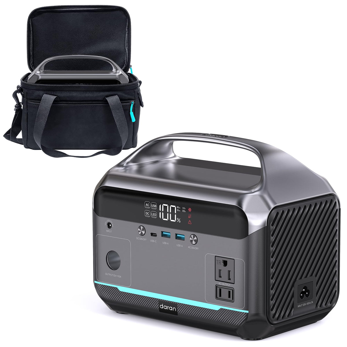 DARAN portable power station front view powering campsite lights and small devices