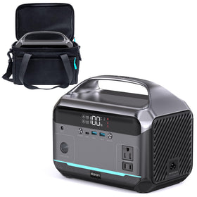 DARAN portable power station front view powering campsite lights and small devices