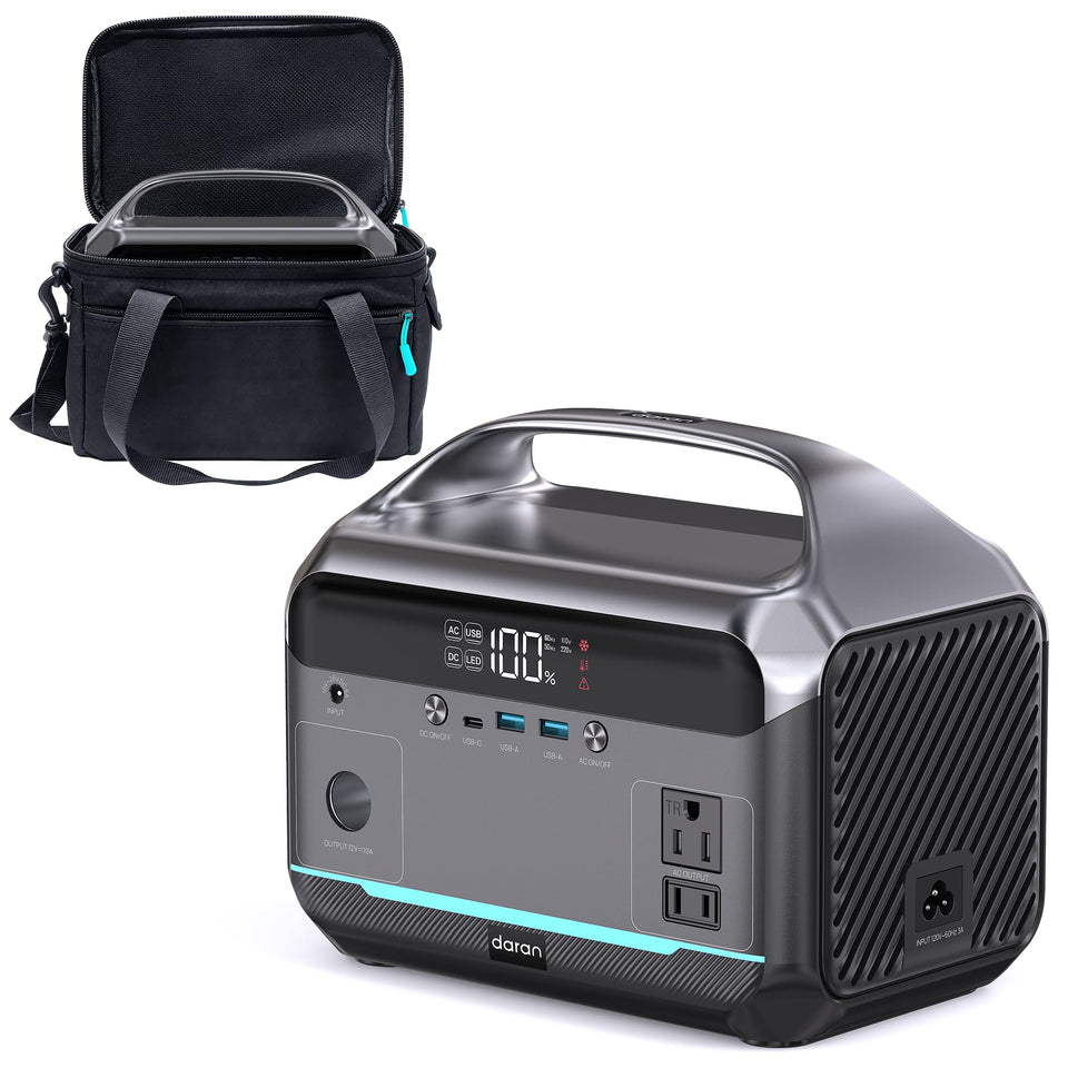 DARAN portable power station front view powering campsite lights and small devices