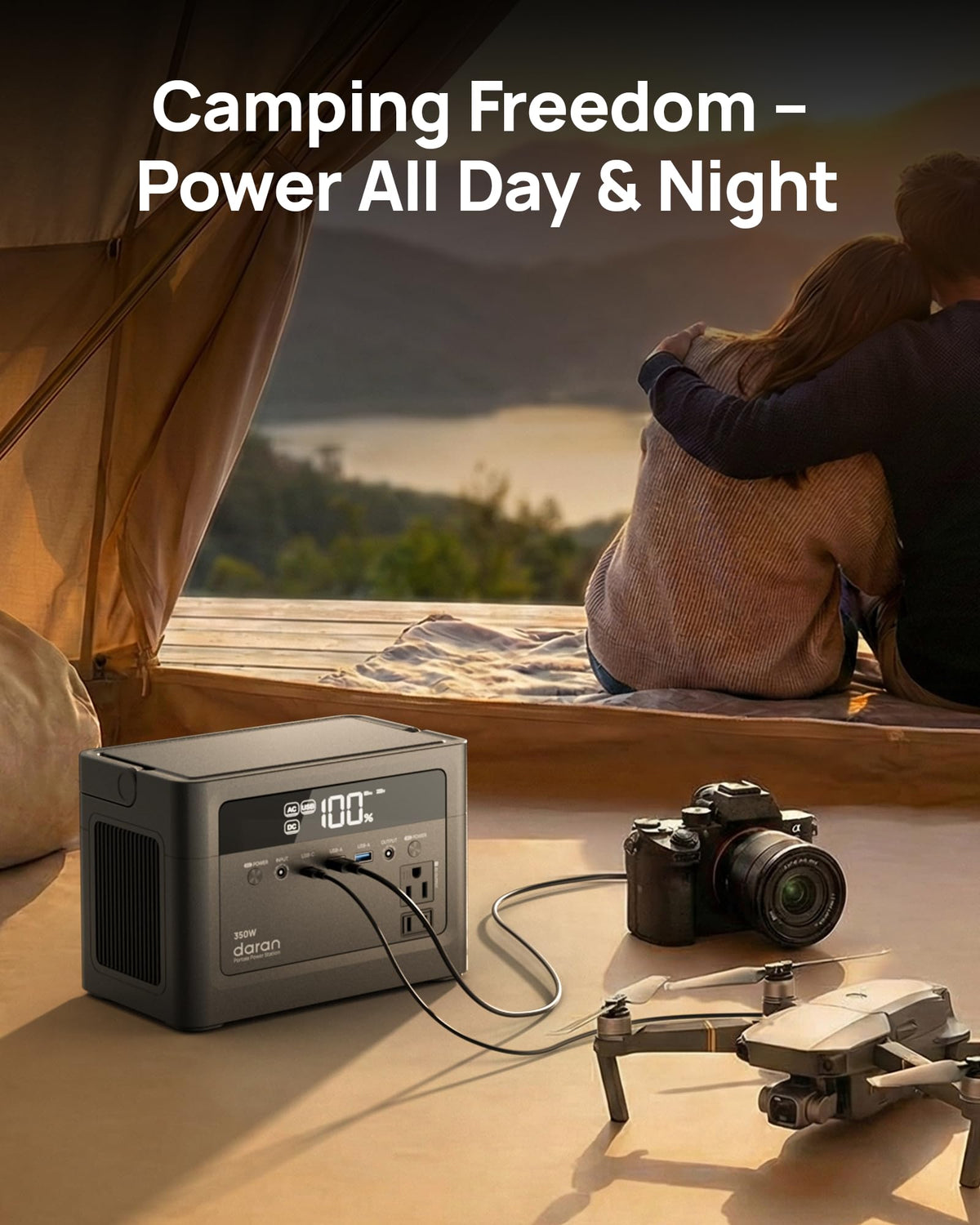 DaranEner Cubus 350L in-use camping setup powers lights and devices.