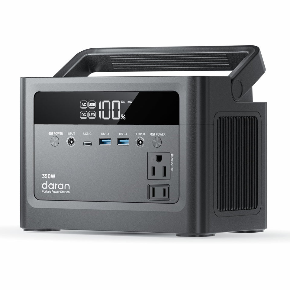 DaranEner Cubus 350L front view shows compact power for camping and emergencies.