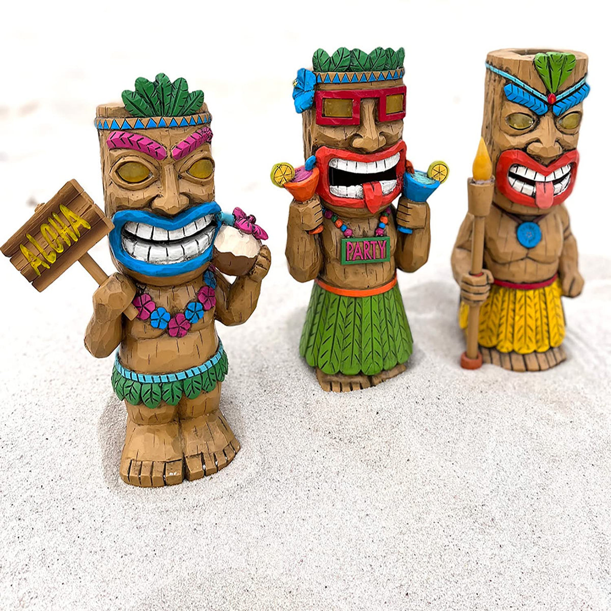 Darware Solar Garden Tiki Statues set 3 front view glows softly for ambient evenings