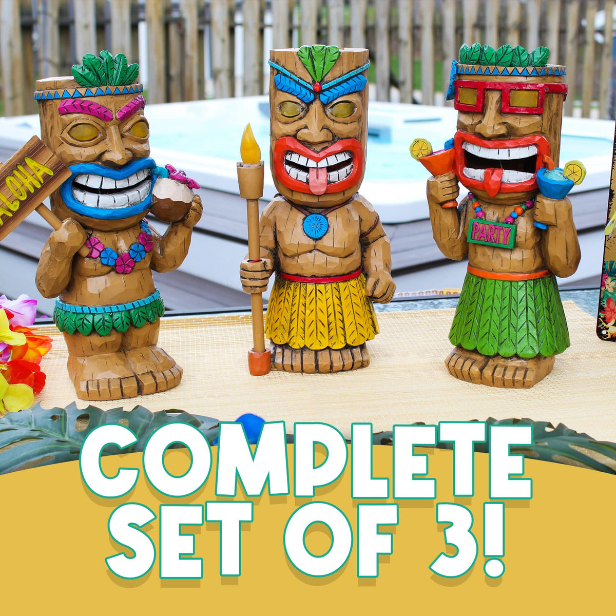 Darware Solar Garden Tiki Statues set 3 along garden path enhance nighttime path lighting