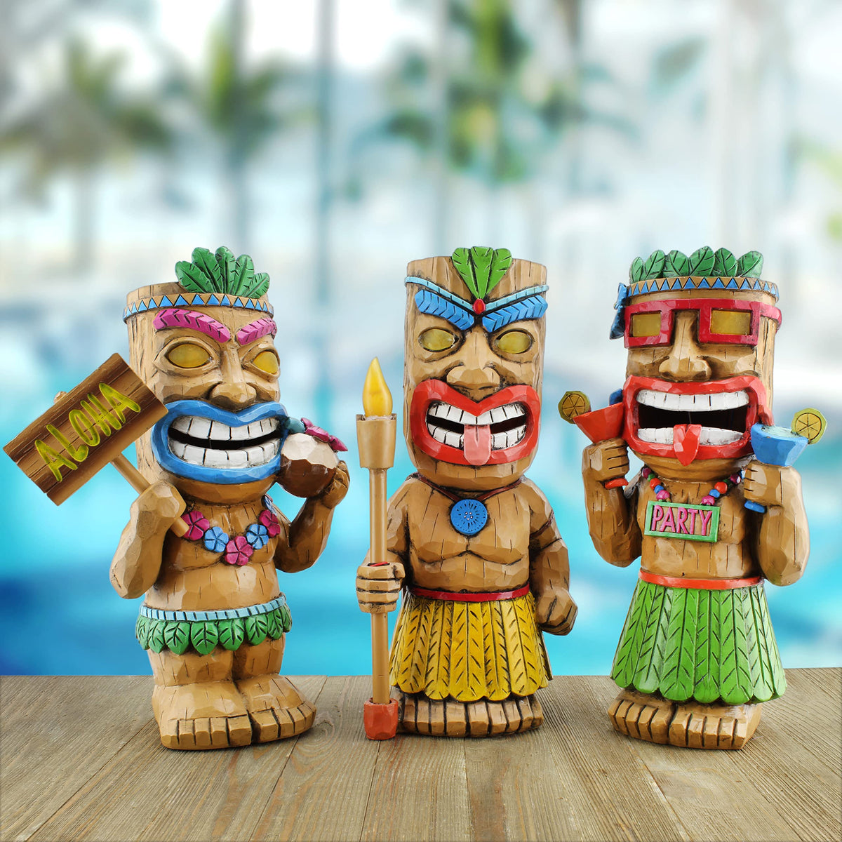 Darware Solar Garden Tiki Statues set 3 night glow highlights outdoor ambiance