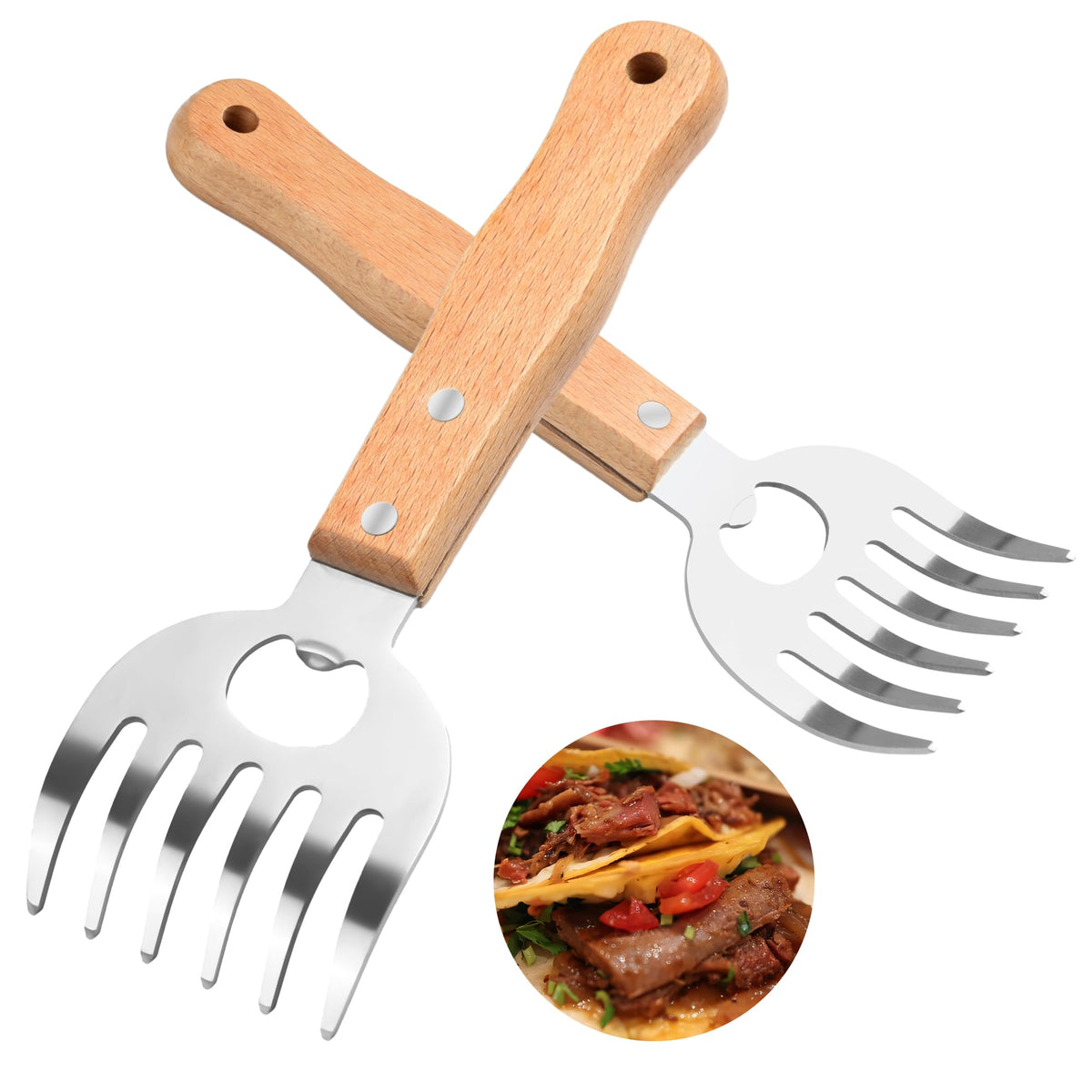 DASHTHER meat shredder claws with long wooden handles providing a secure grip on hot meat