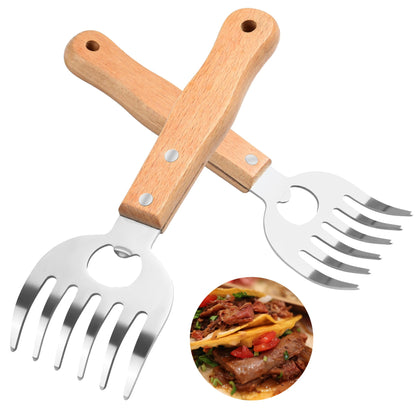 DASHTHER meat shredder claws with long wooden handles providing a secure grip on hot meat
