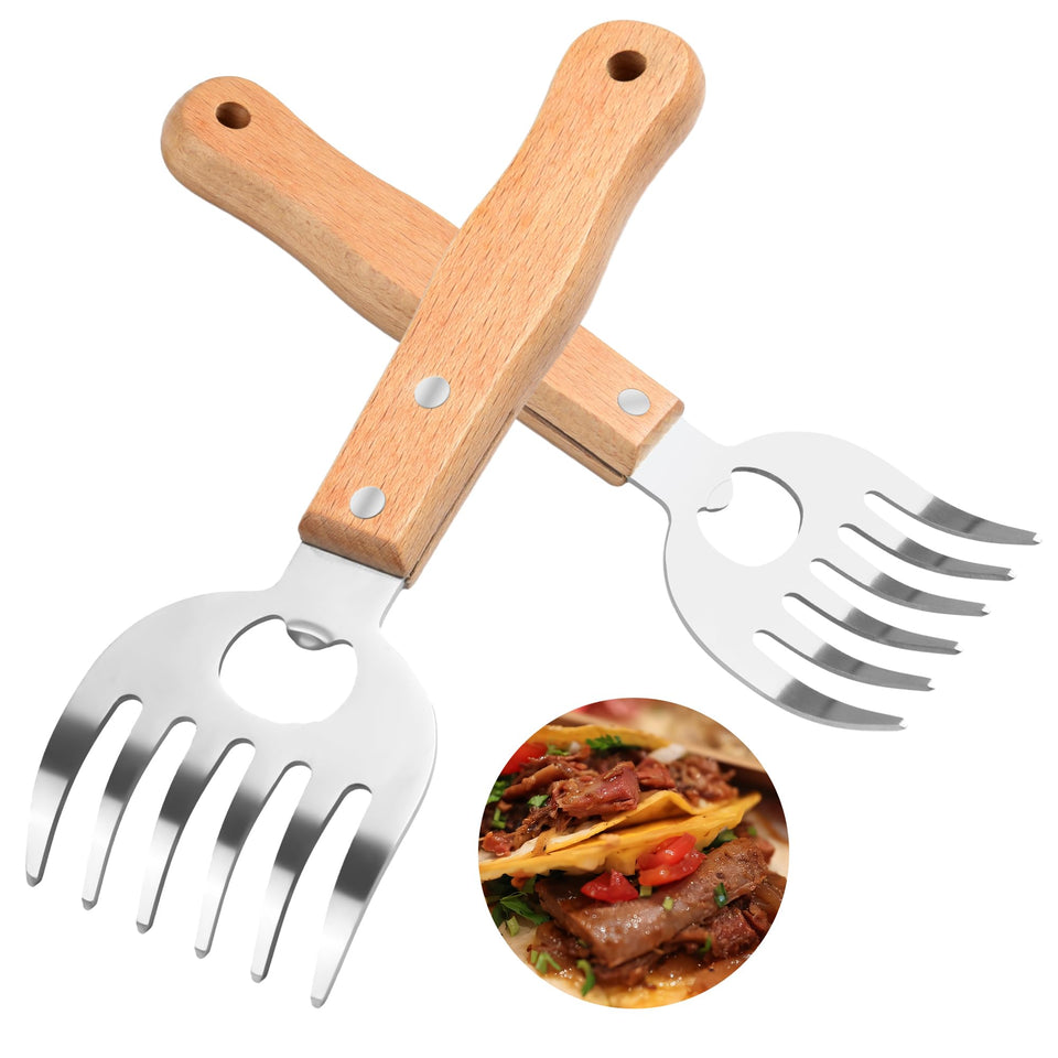 DASHTHER meat shredder claws with long wooden handles providing a secure grip on hot meat