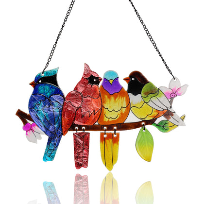 DASTOLL suncatcher with cardinals, hummingbirds and kingfishers on a branch, vivid colors for sunny windows