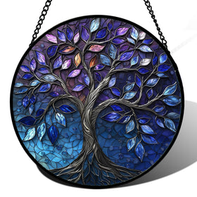 DASTOLL blue purple tree of life sun catcher in a window showing vibrant color when sunlight passes through