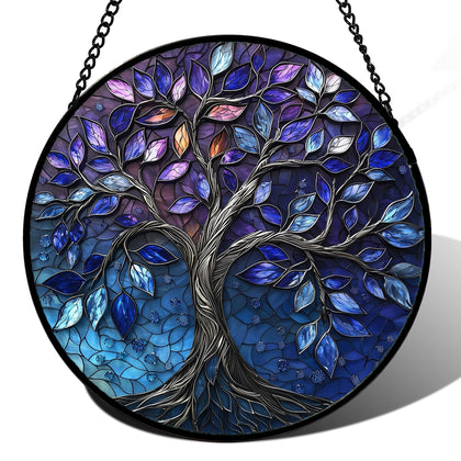 DASTOLL blue purple tree of life sun catcher in a window showing vibrant color when sunlight passes through