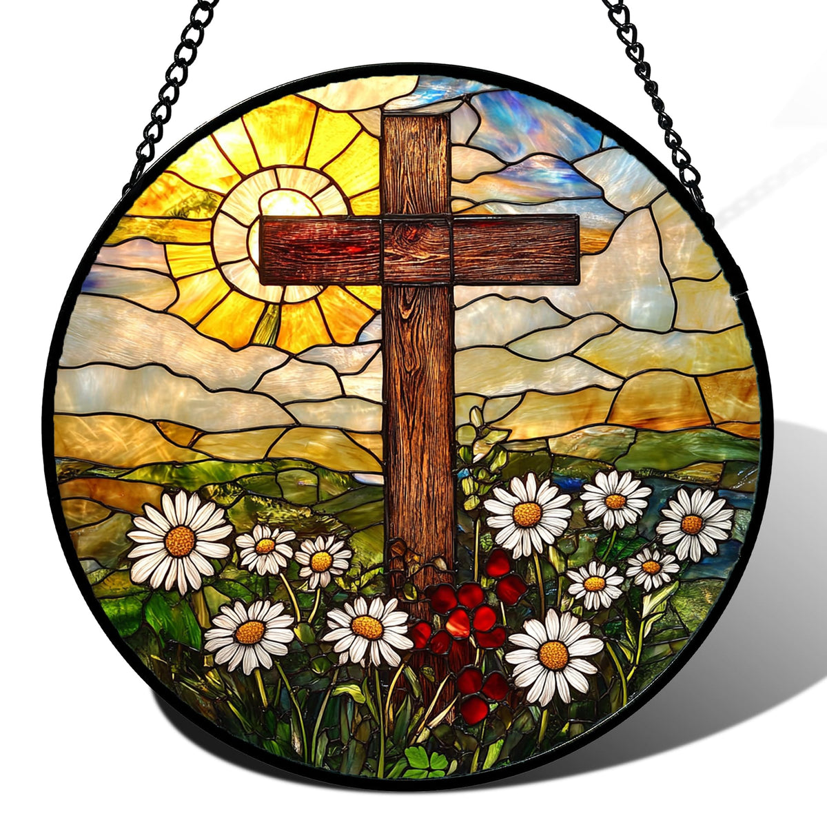 DASTOLL cross stained glass sun catcher brightens windows with vibrant, warm colors