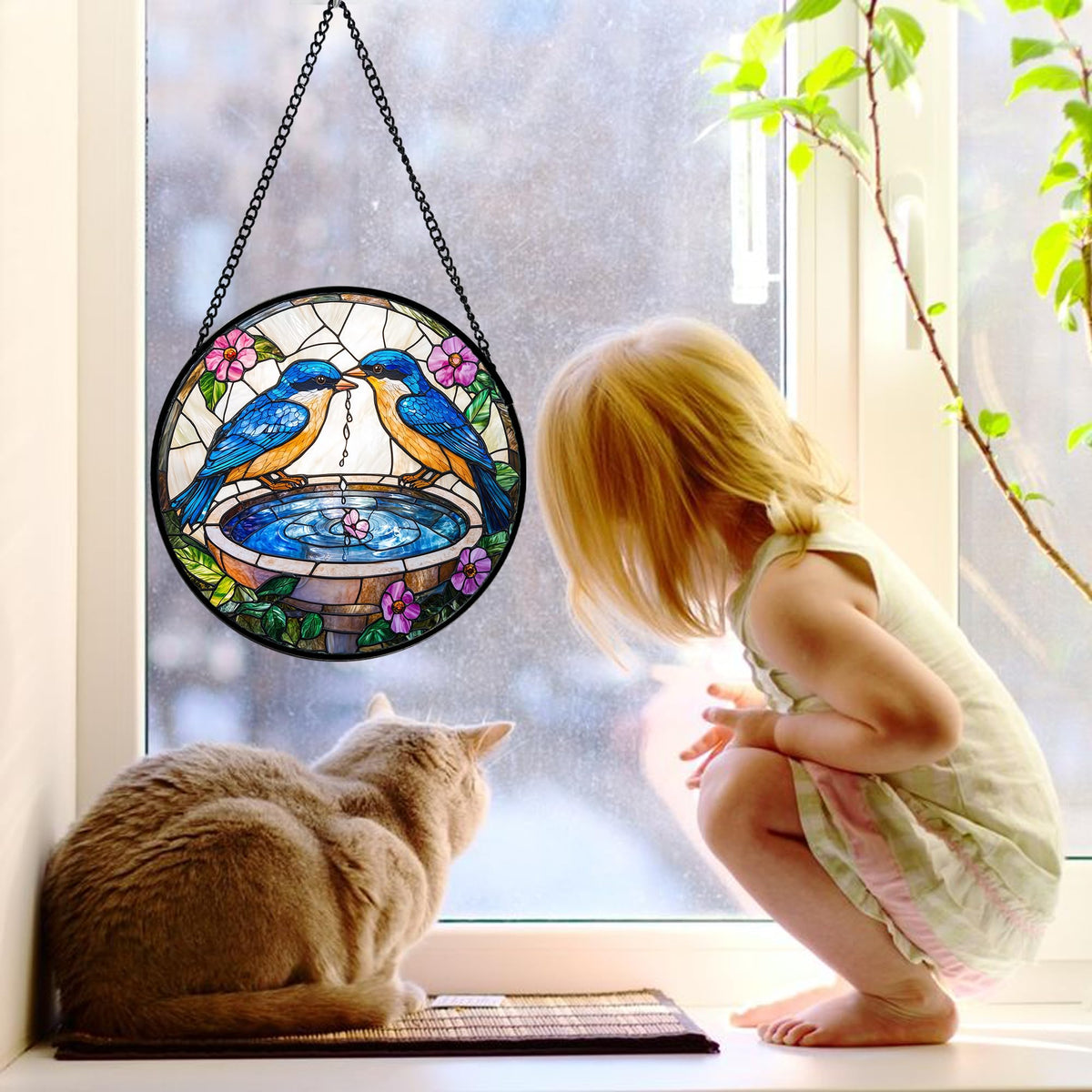 DASTOLL diamond glass panel blue birds suncatcher for colorful light