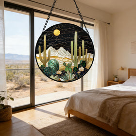 DASTOLL double-sided stained glass cactus suncatcher diffuses color softly.