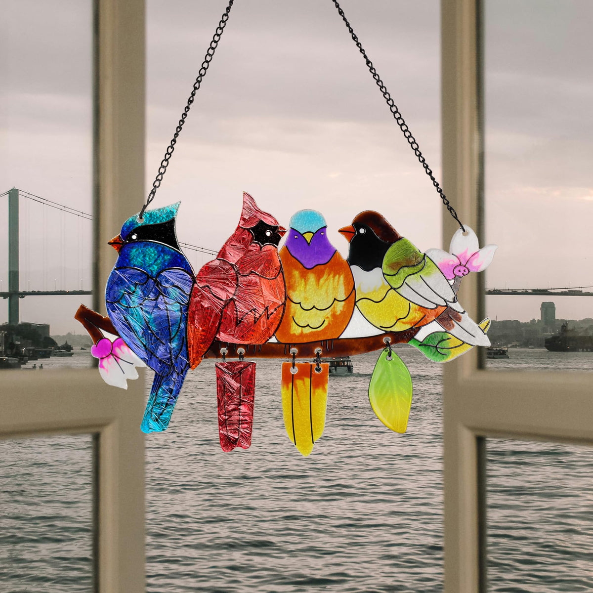DASTOLL double-sided stained glass suncatcher showing vibrant designs from both sides
