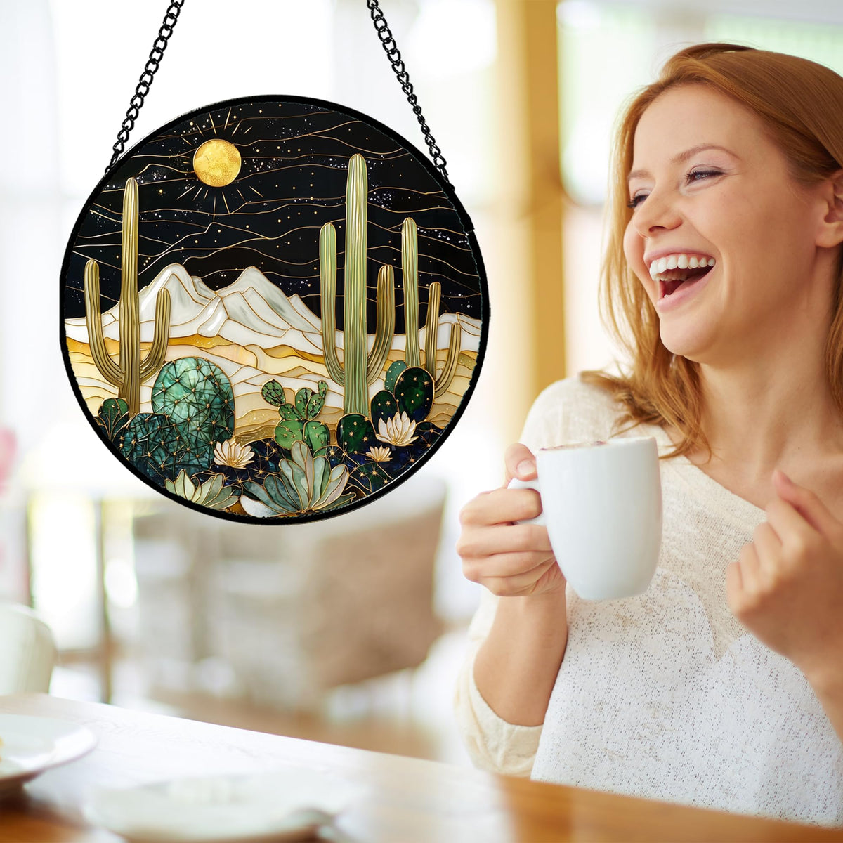 DASTOLL double-sided stained-glass suncatcher with a frosted back glows in natural light.