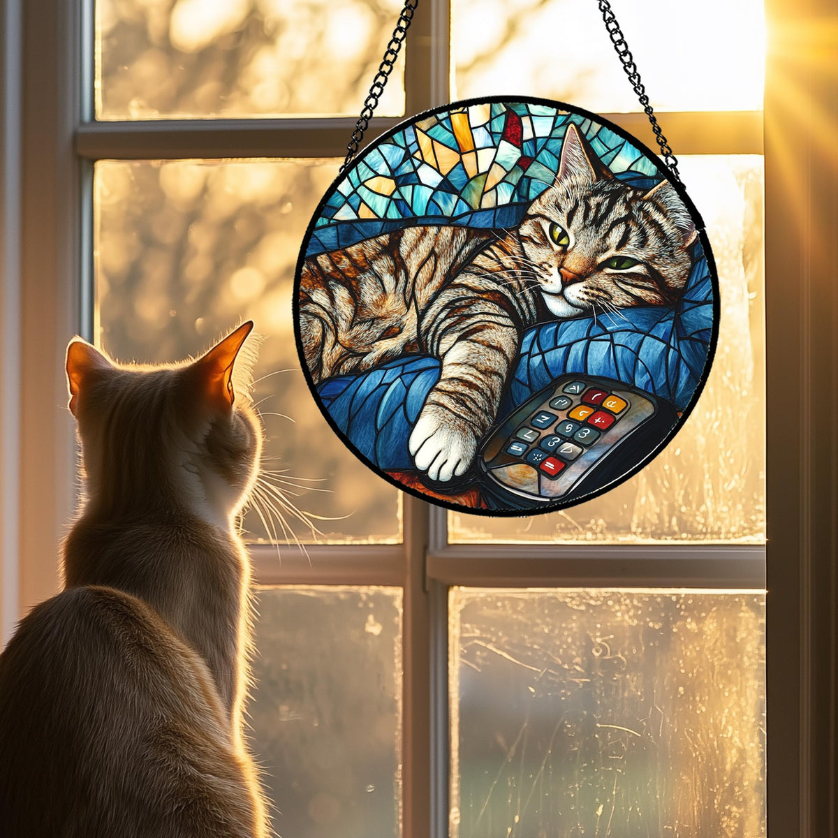 DASTOLL gray cat suncatcher with metal chain ready to hang