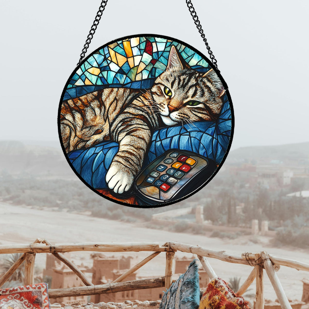 DASTOLL gray cat suncatcher in a kitchen window enhances cheerful light
