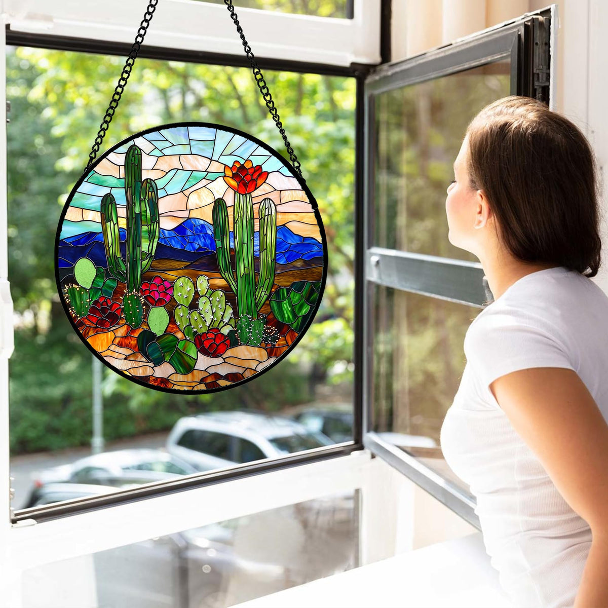 DASTOLL green cactus suncatcher door decor adds a colorful focal point