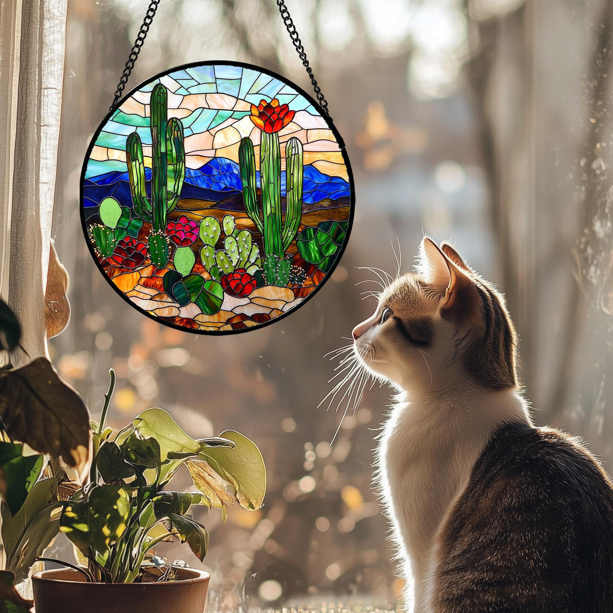 DASTOLL green cactus suncatcher porch wall decor catches sunlit color