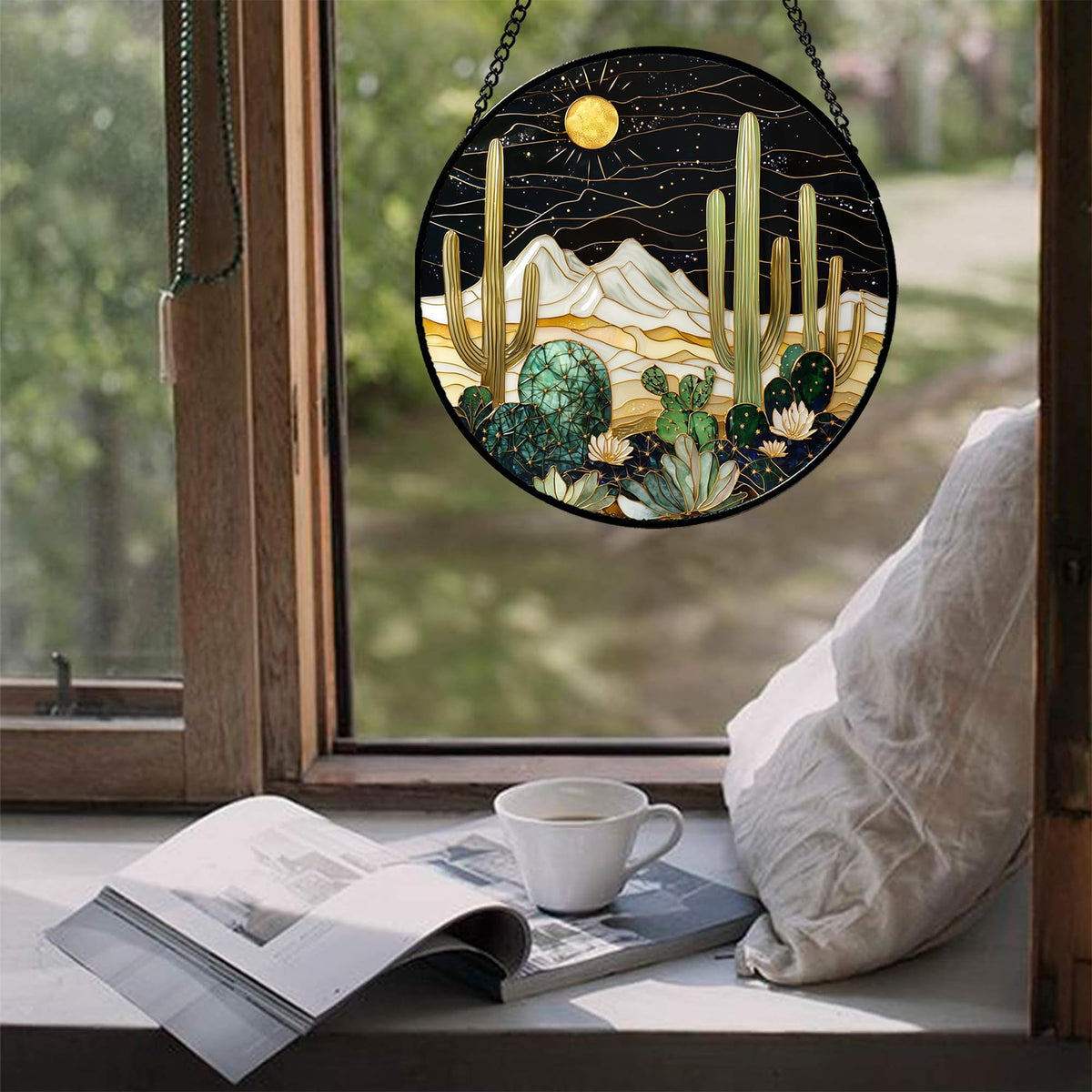 DASTOLL nature-inspired cactus suncatcher creates cozy glow in doors and porches.