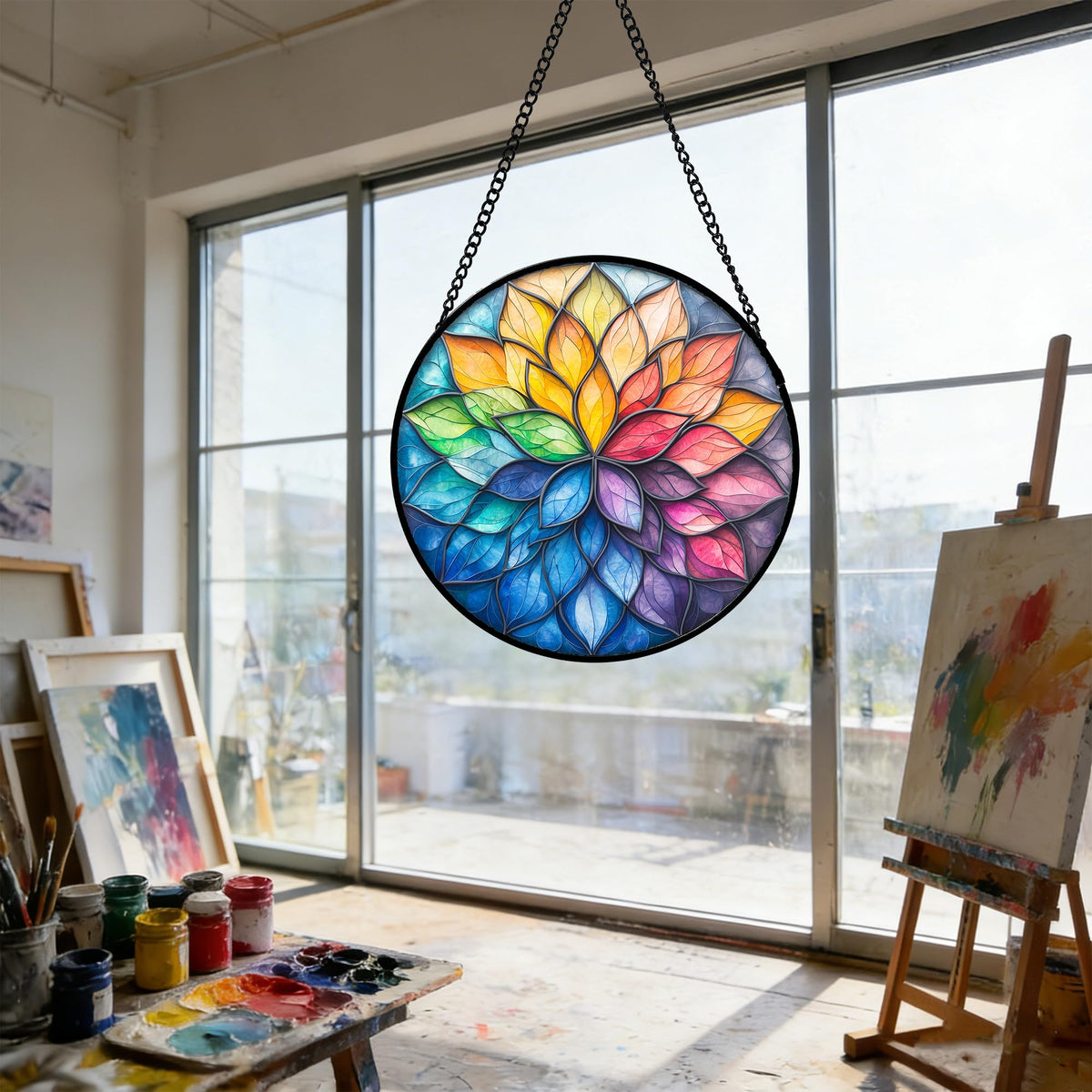 DASTOLL stained glass suncatcher with metal chain for easy hanging