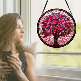 DASTOLL pink love tree suncatcher on a porch window adds color and charm