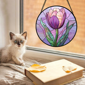 Purple tulips stained glass suncatcher by DASTOLL brightens home with warm light