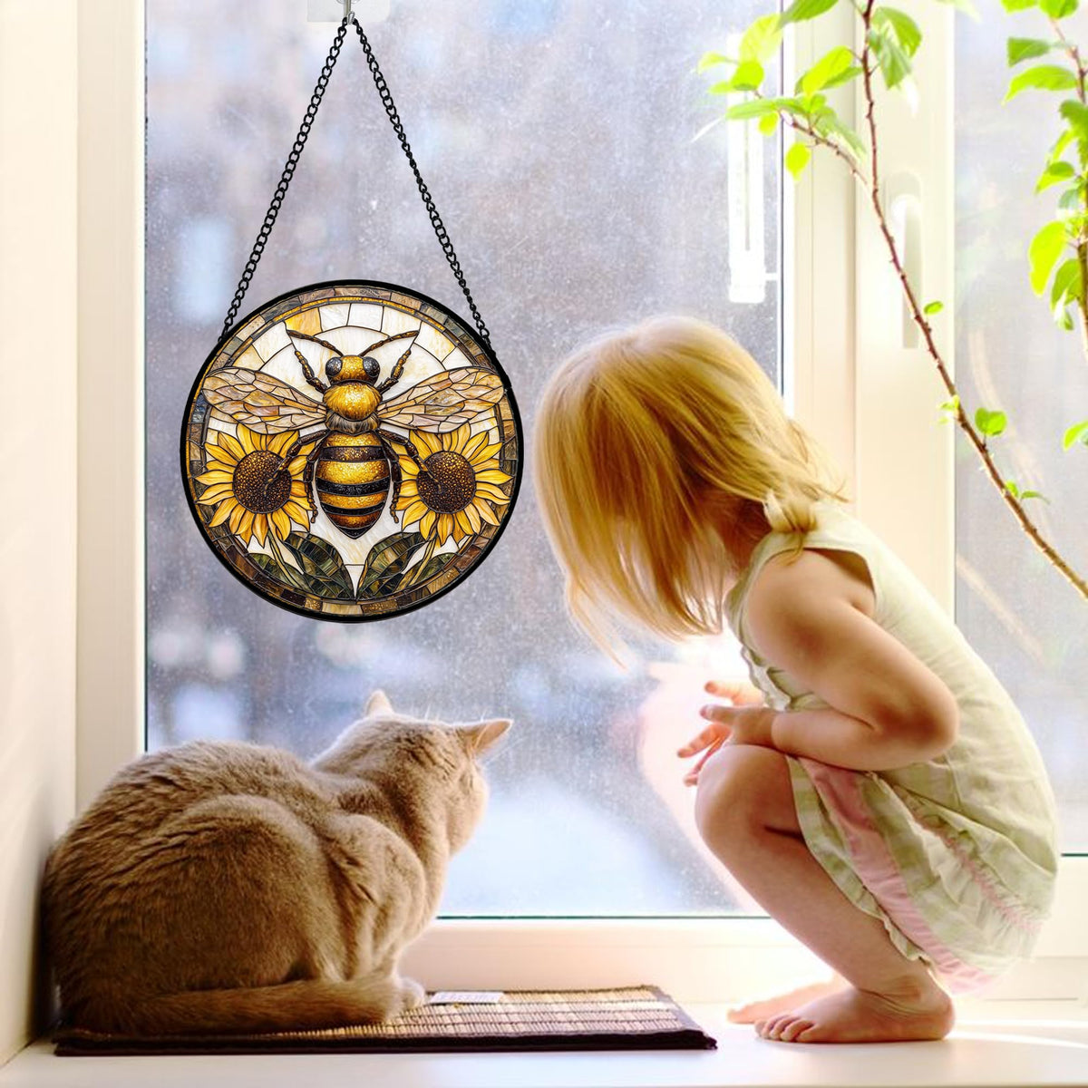 DASTOLL stained glass decor easily hangs with included metal chain.