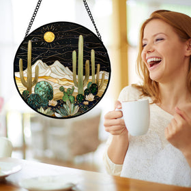 DASTOLL cactus suncatcher in natural light enhances colorful mood on windows.