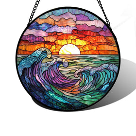 DASTOLL stained glass sun catcher with clouds and sea waves brightens a window in morning sun