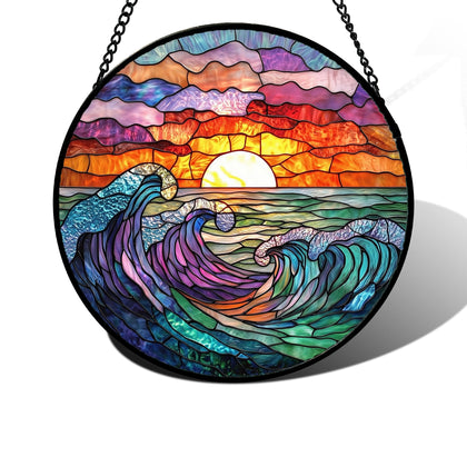 DASTOLL stained glass sun catcher with clouds and sea waves brightens a window in morning sun