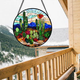 DASTOLL stained glass green cactus brightens sunny windows with double-sided light