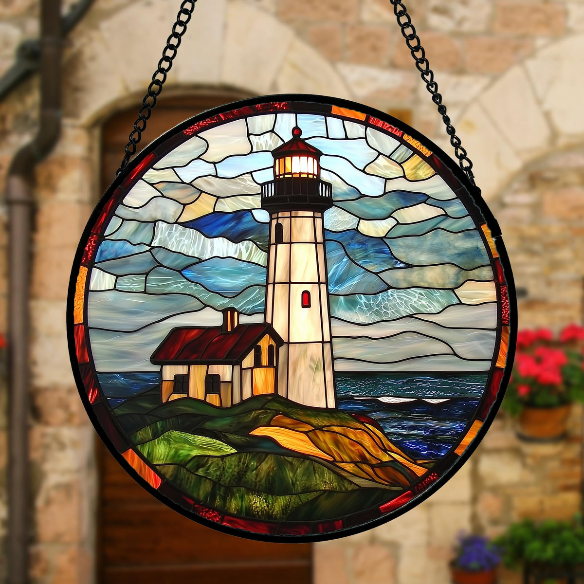 DASTOLL stained-glass kit ready to hang with metal frame and chain.