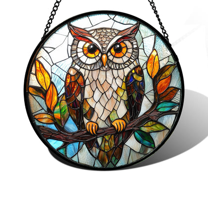 DASTOLL stained glass owl window hanging with colorful background light