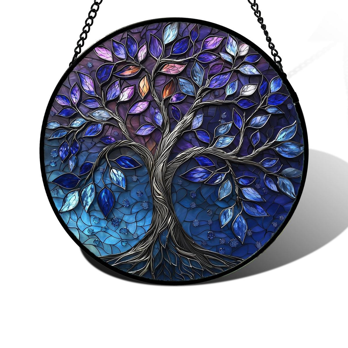 DASTOLL stained glass window sun catcher with blue, purple tree of life for vibrant light on windows.