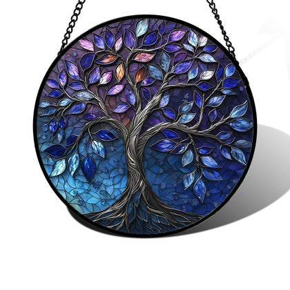 DASTOLL stained glass window sun catcher with blue, purple tree of life for vibrant light on windows.