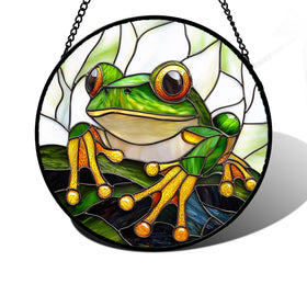 DASTOLL stained glass window hanging with green frog petals brightens the window with color.