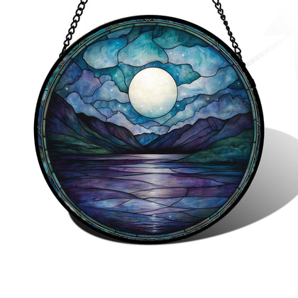 DASTOLL stained glass window hanging with blue night moon and lake for vibrant light
