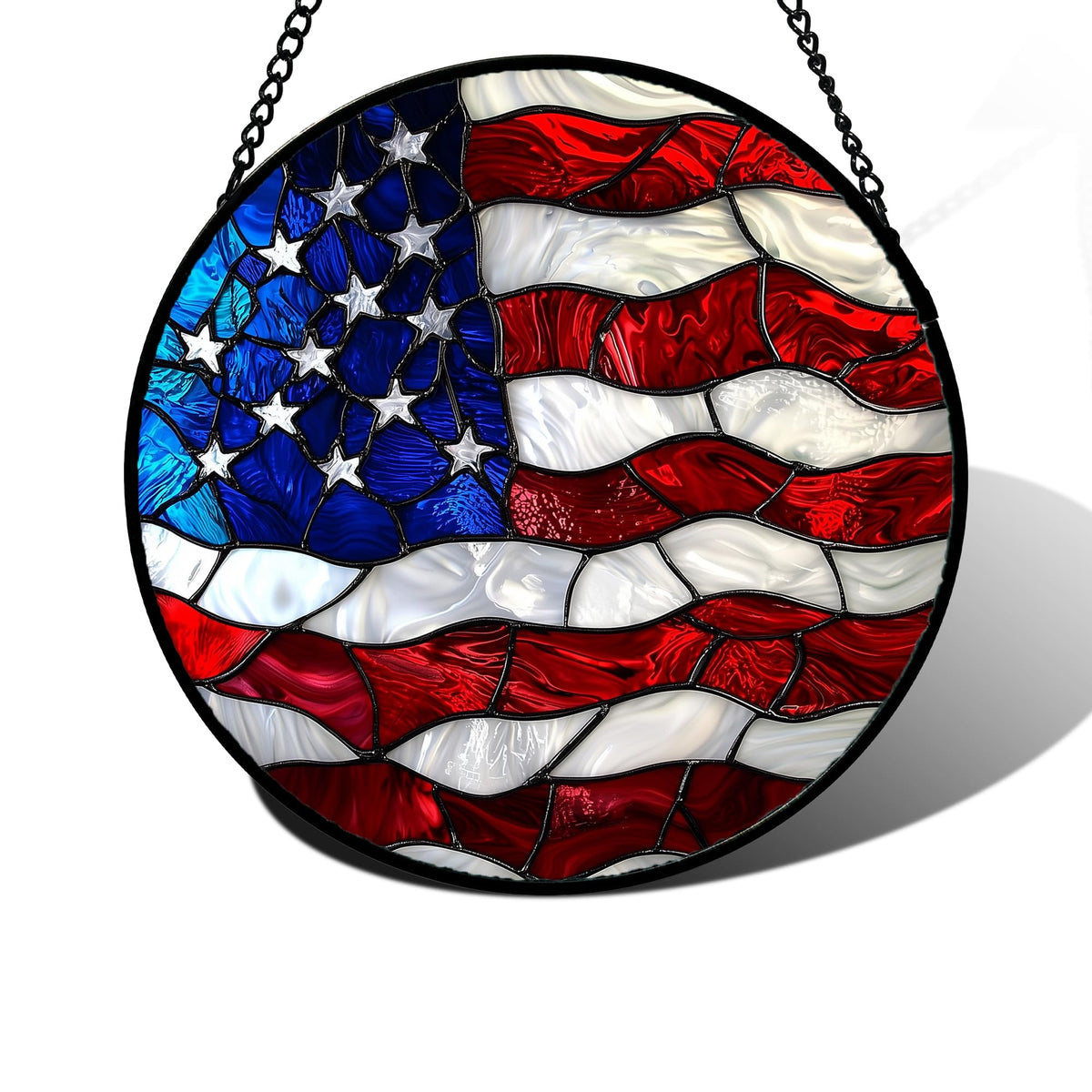 DASTOLL stained glass window hanging with blue white red flag pattern adding color to sunlight