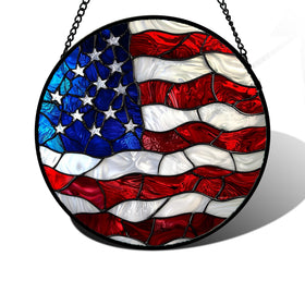DASTOLL stained glass window hanging with blue white red flag pattern adding color to sunlight